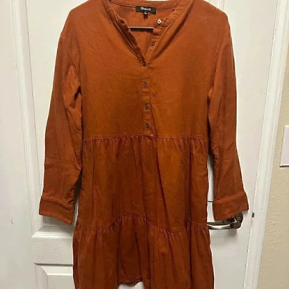 Madewell Flannel Button-Placket Tiered mini dress - Warm nutmeg - SIZE SMALL - Picture 6 of 11